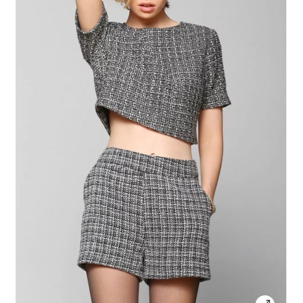 Lucca Couture Black White Tweed Crop Top Neutral Formal Casual Medium